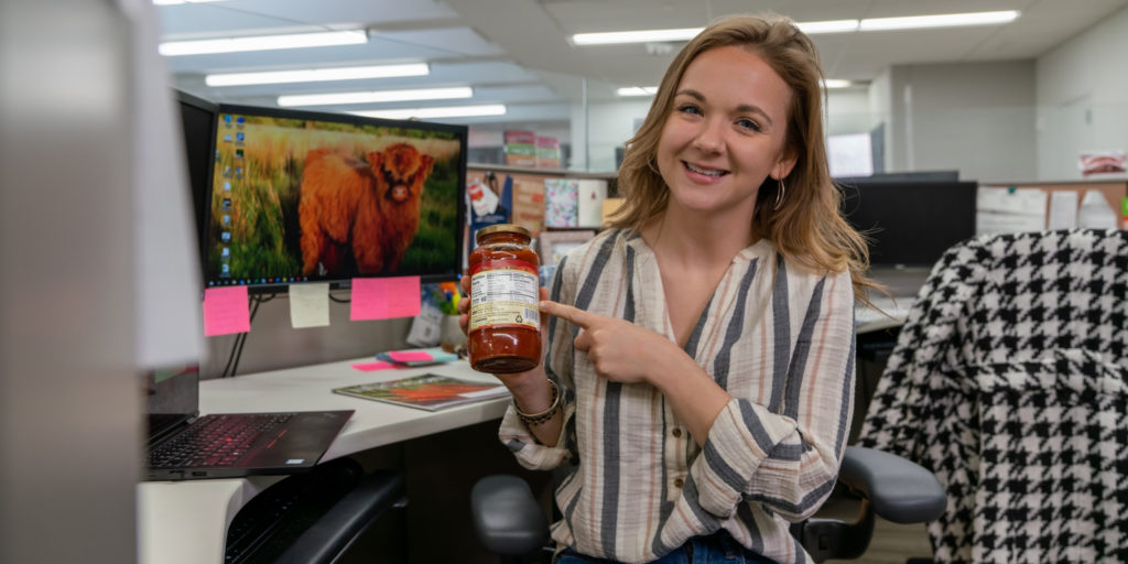 elise with prego pasta sauce jar